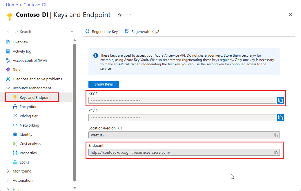 Screenshot of the keys and endpoint ___location in the Azure portal.