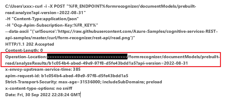 Screenshot shows a POST response with the operation ___location highlighted.