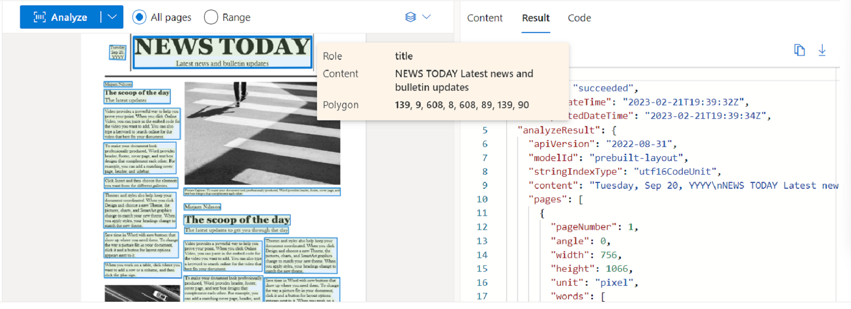 Screenshot that shows the layout model analysis by using Document Intelligence Studio.