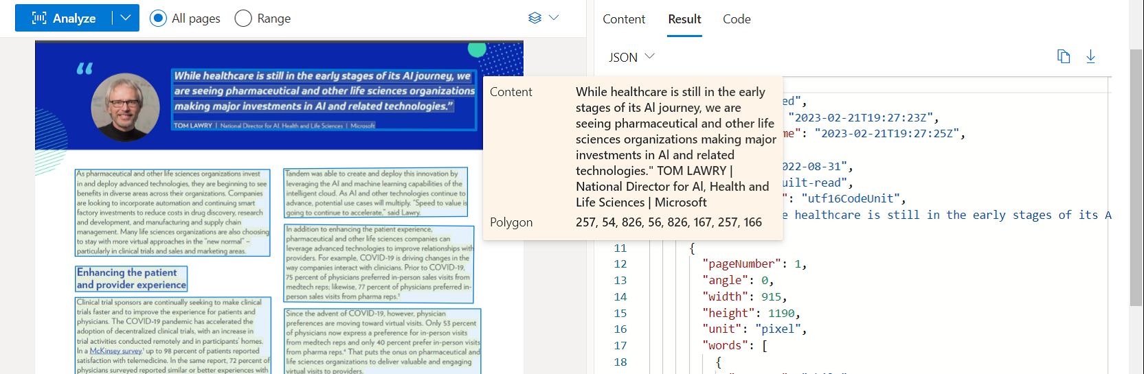 Screenshot that shows Read model analysis by using Document Intelligence Studio.