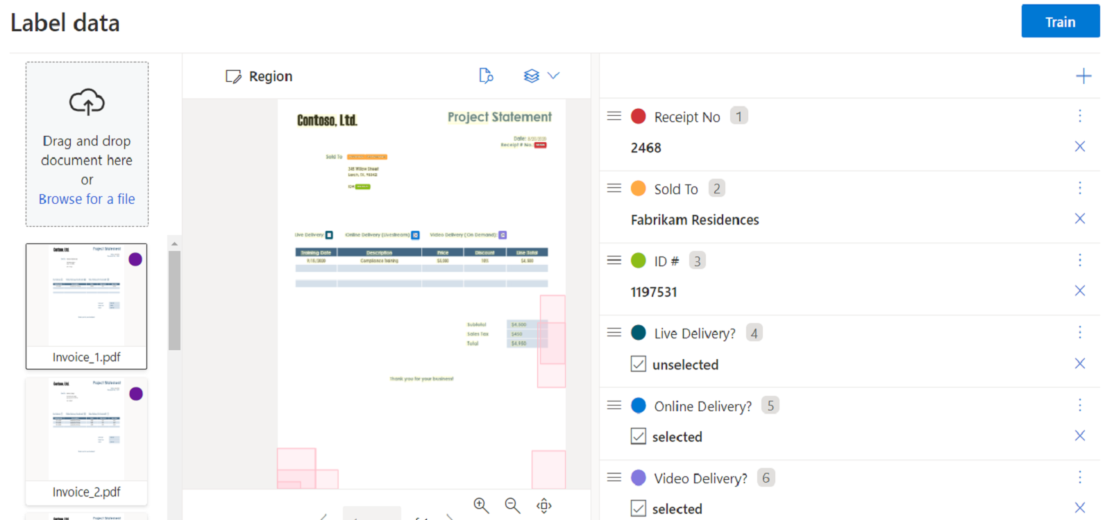 Screenshot that shows Custom model training by using Document Intelligence Studio.