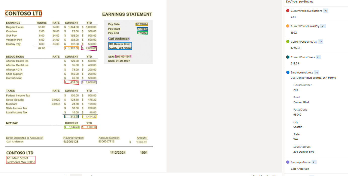 Screenshot that shows payStub model extraction by using Document Intelligence Studio.