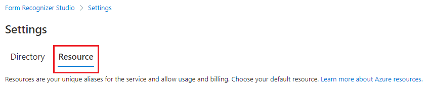 Screenshot that shows the Settings page Resource tab.