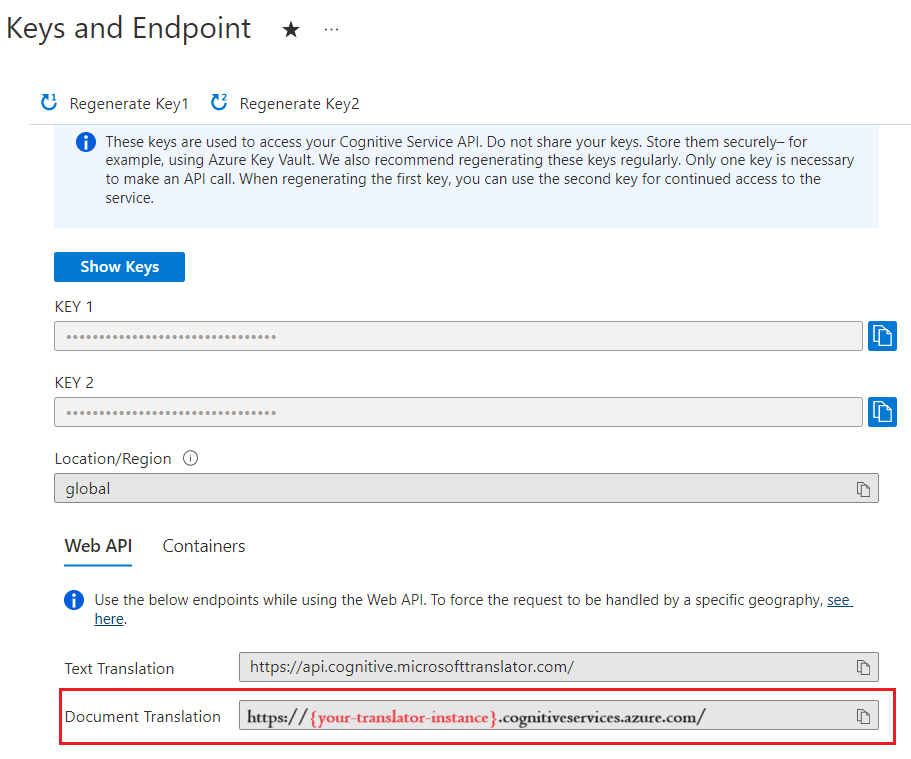 Screenshot to document translation key and endpoint ___location in the Azure portal.