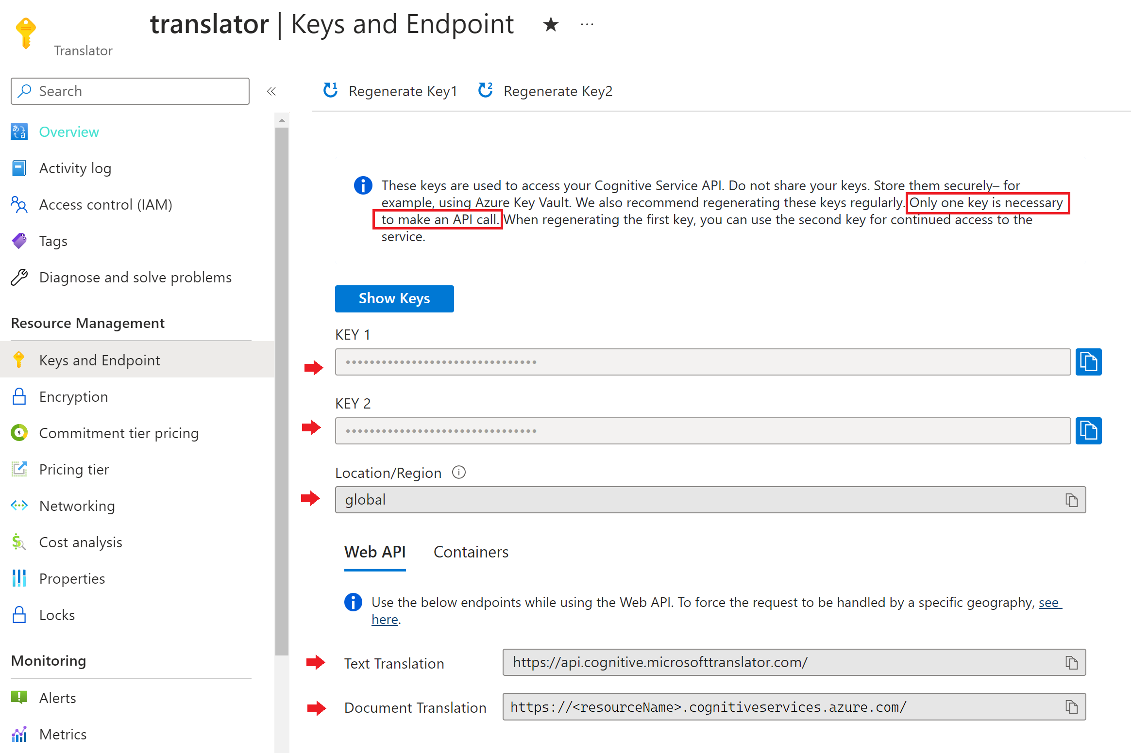 Screenshot of the keys and endpoint ___location in the Azure portal.