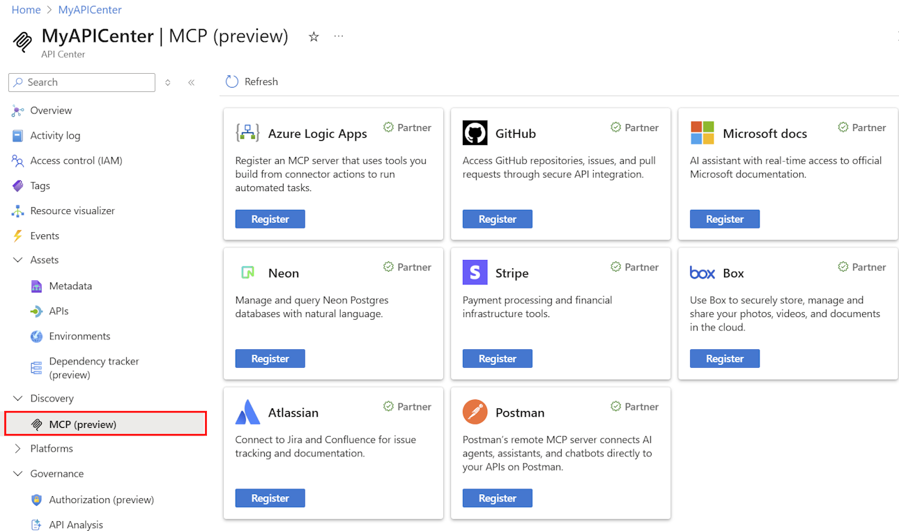 Screenshot of partner MCP servers in the portal.