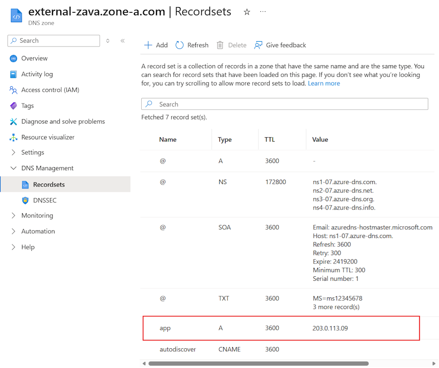 Screenshot that shows a record added to the DNS zone to map the app ___domain name to the public IP address of the application gateway.
