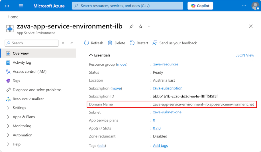 Screenshot that shows the ___domain name for an ILB App Service Environment in the Azure portal.