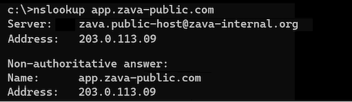Screenshot of a command window showing a name resolution check on the app ___domain name to the gateway public IP address.