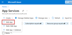 A screenshot of the ___location of the Create button on the App Services page in the Azure portal.