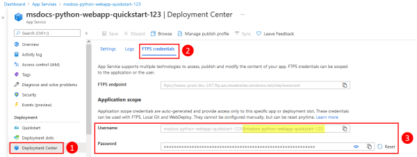 A screenshot showing the ___location of the deployment credentials in the Azure portal.
