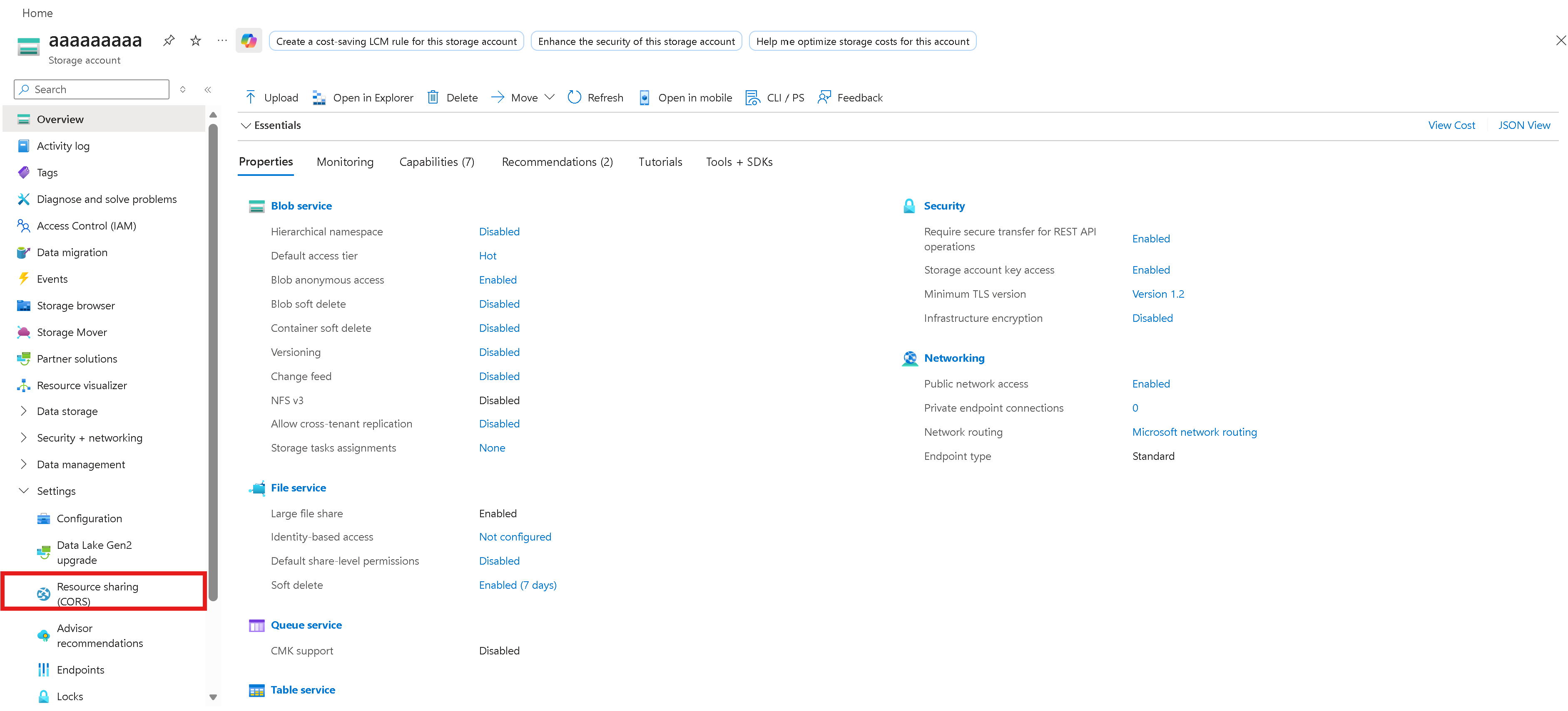 Screenshot that shows storage account home page for CORS.