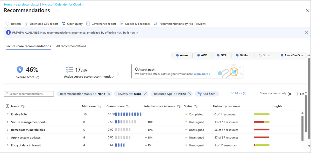 Screenshot of the Recommendations page in the Defender for Cloud portal.