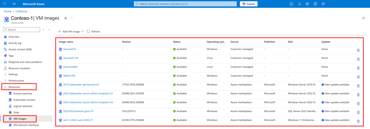 Screenshot of the list of VM images on your Azure Local.