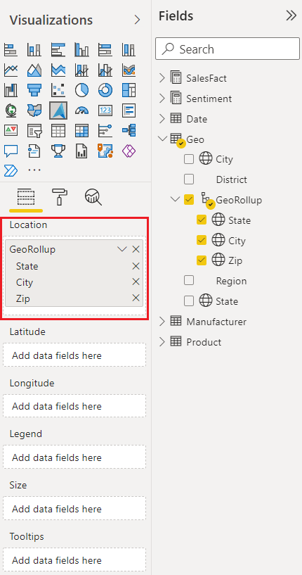 A screenshot showing the Visualizations and fields panes in Power BI desktop with the Azure Maps visual ___location field highlighted.