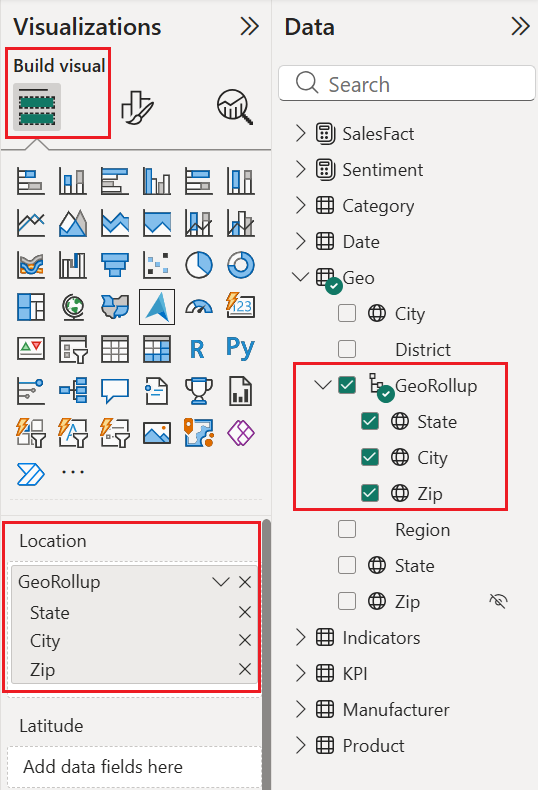 Screenshot showing an example of how to add data from the data pane to the ___location field in the visualization pane.