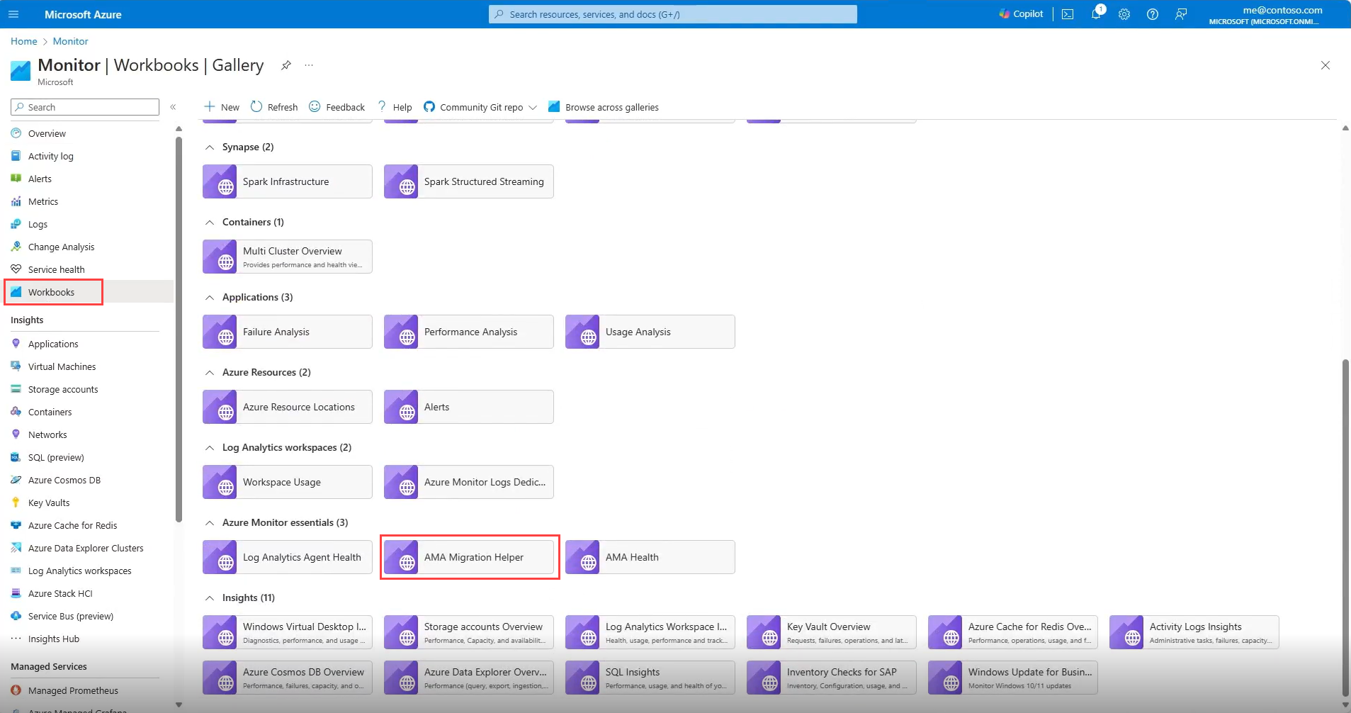 A screenshot showing the AMA Migration helper tine in the list of workbooks.