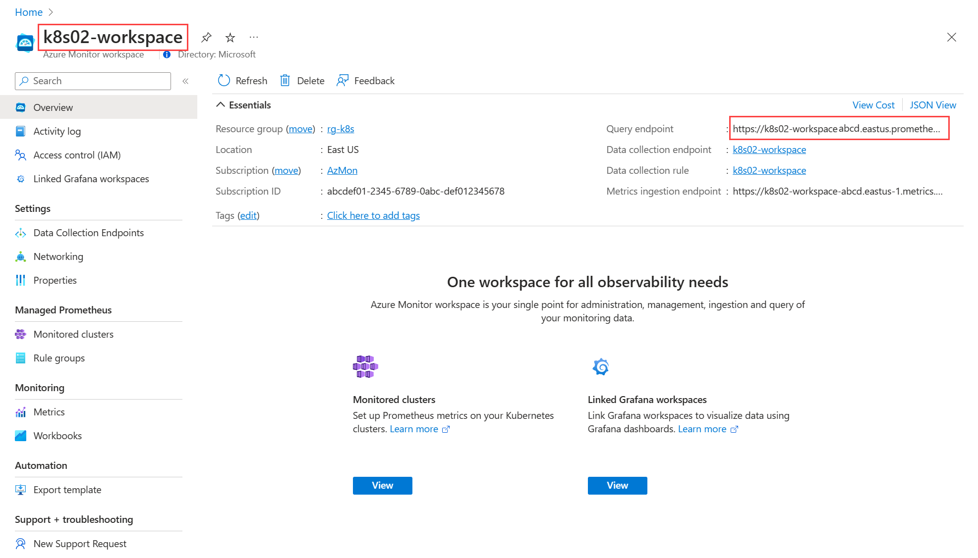 A screenshot showing an Azure Monitor workspace overview page.