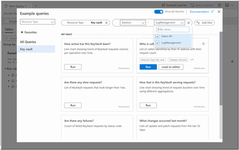 Screenshot that shows an Example queries screen filter.