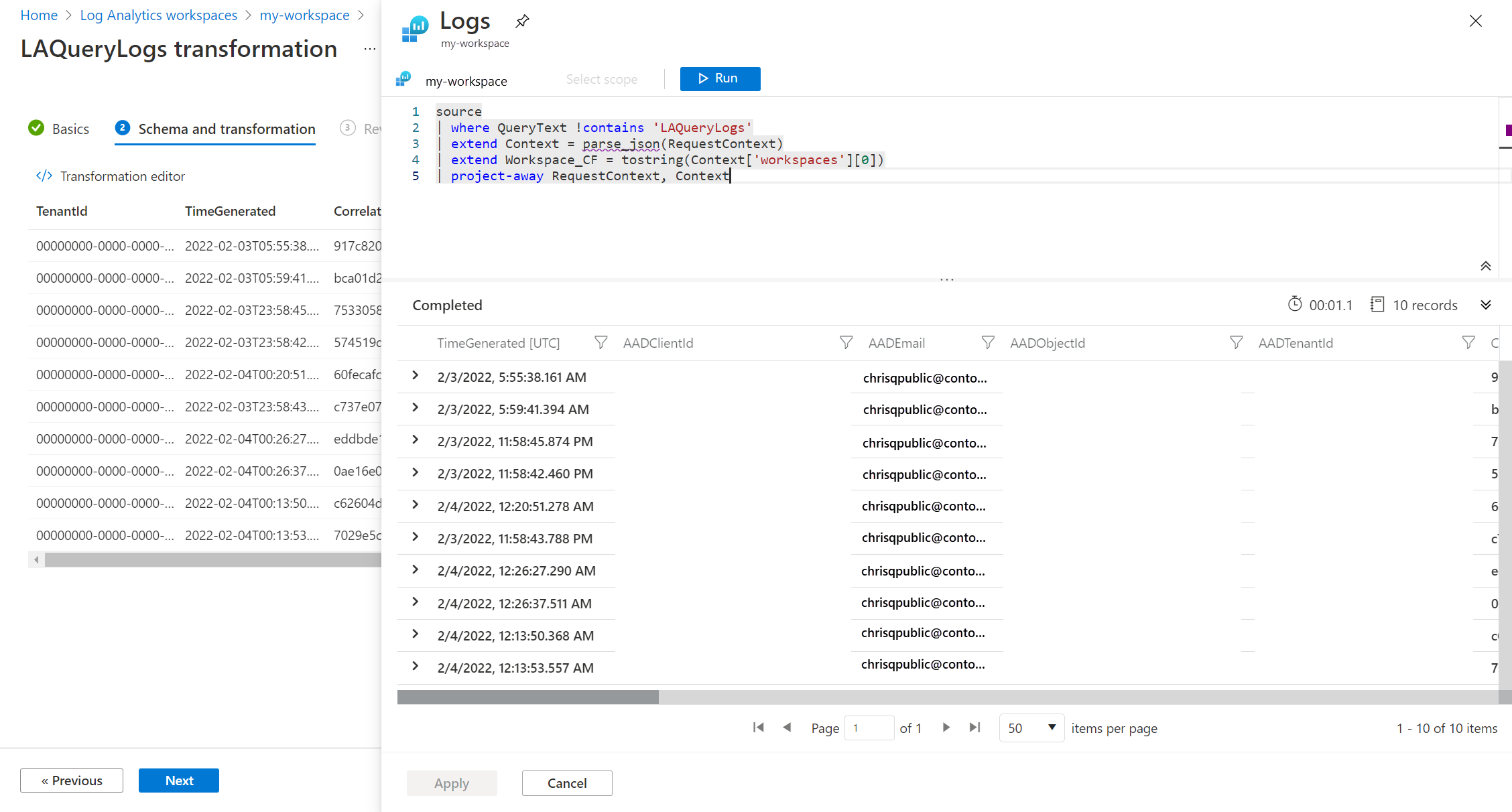 Screenshot that shows the transformation editor.