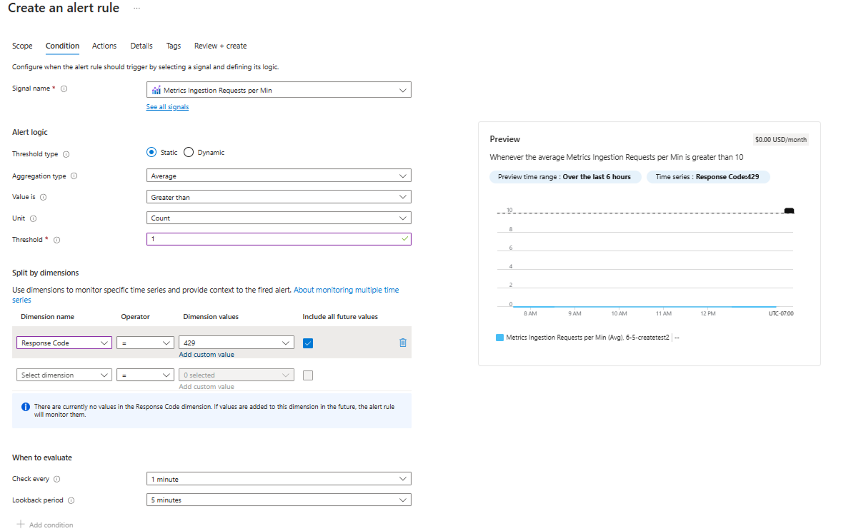 Screenshot that shows setting up alert for metrics throttling for the Data Collection Rule.