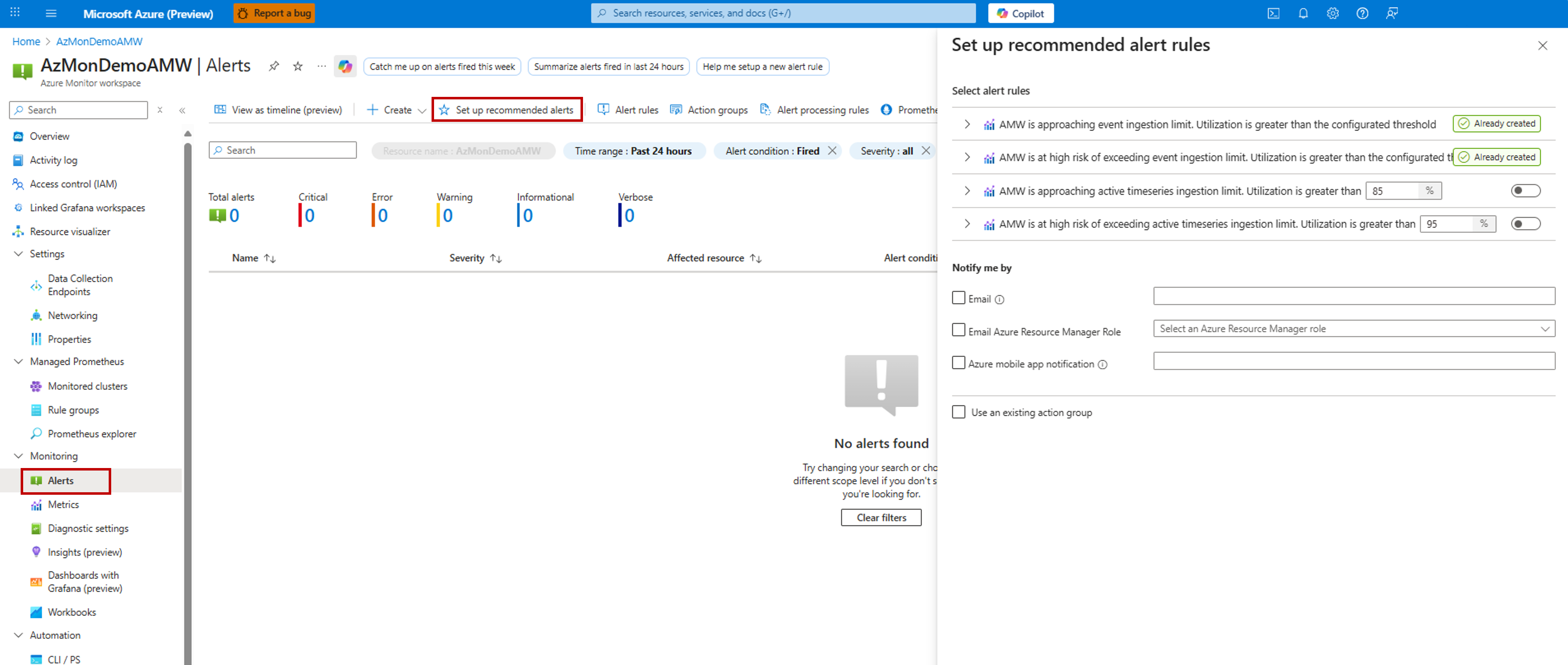 Screenshot of Azure Monitor Workspace recommended alert rules pane.