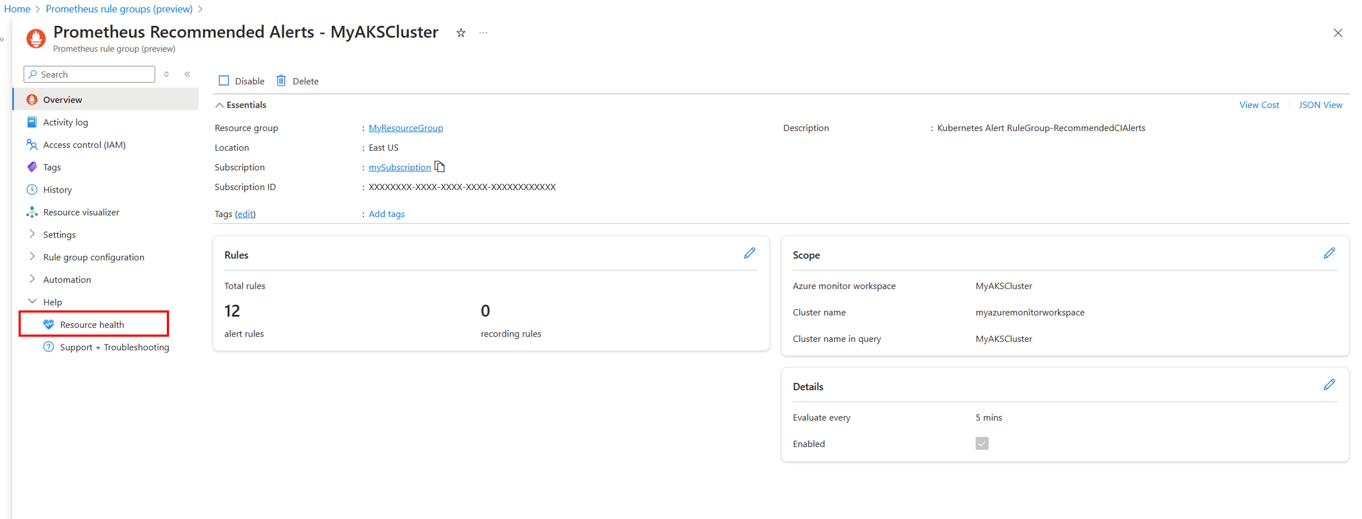 Screenshot that shows how to view the resource health state of a Prometheus rule group.