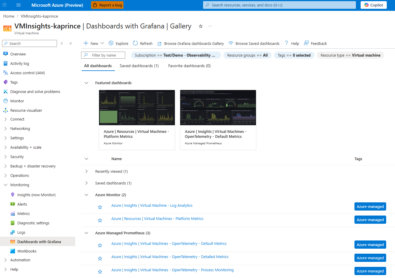 Screenshot showing the ___location of Dashboards with Grafana in the Virtual Machine resource menu.