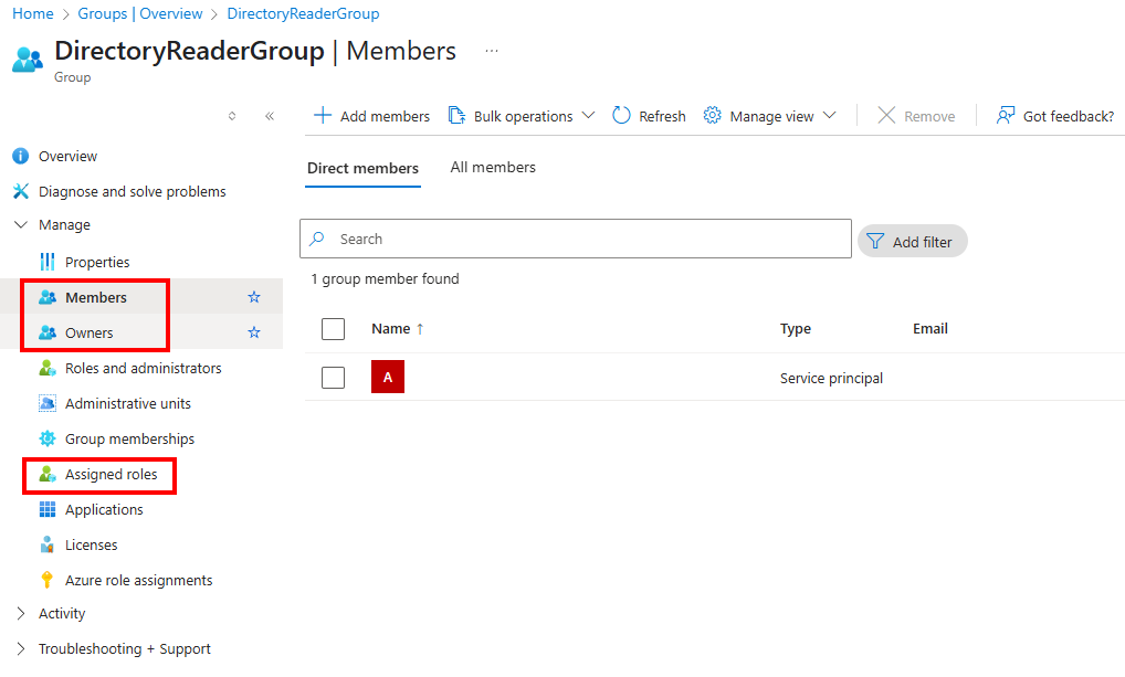 Screenshot of a Group pane with the links that open the Settings menus for Members, Owners, and Assigned roles highlighted.