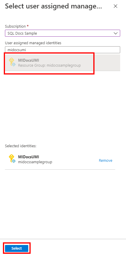 Screenshot from the Azure portal of user assigned managed identity when configuring server identity.