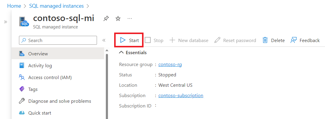 Screenshot of the SQL managed instance 'Overview' page in the Azure portal, with the 'Start' button highlighted. 