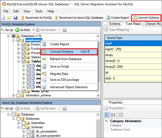 Screenshot of the 'Convert Schema' command on the 'MySQL Metadata Explorer' pane.
