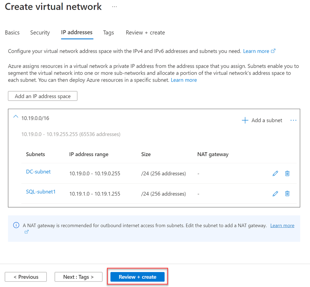 Screenshot of the Azure portal that shows selections for adding a subnet to a virtual network.