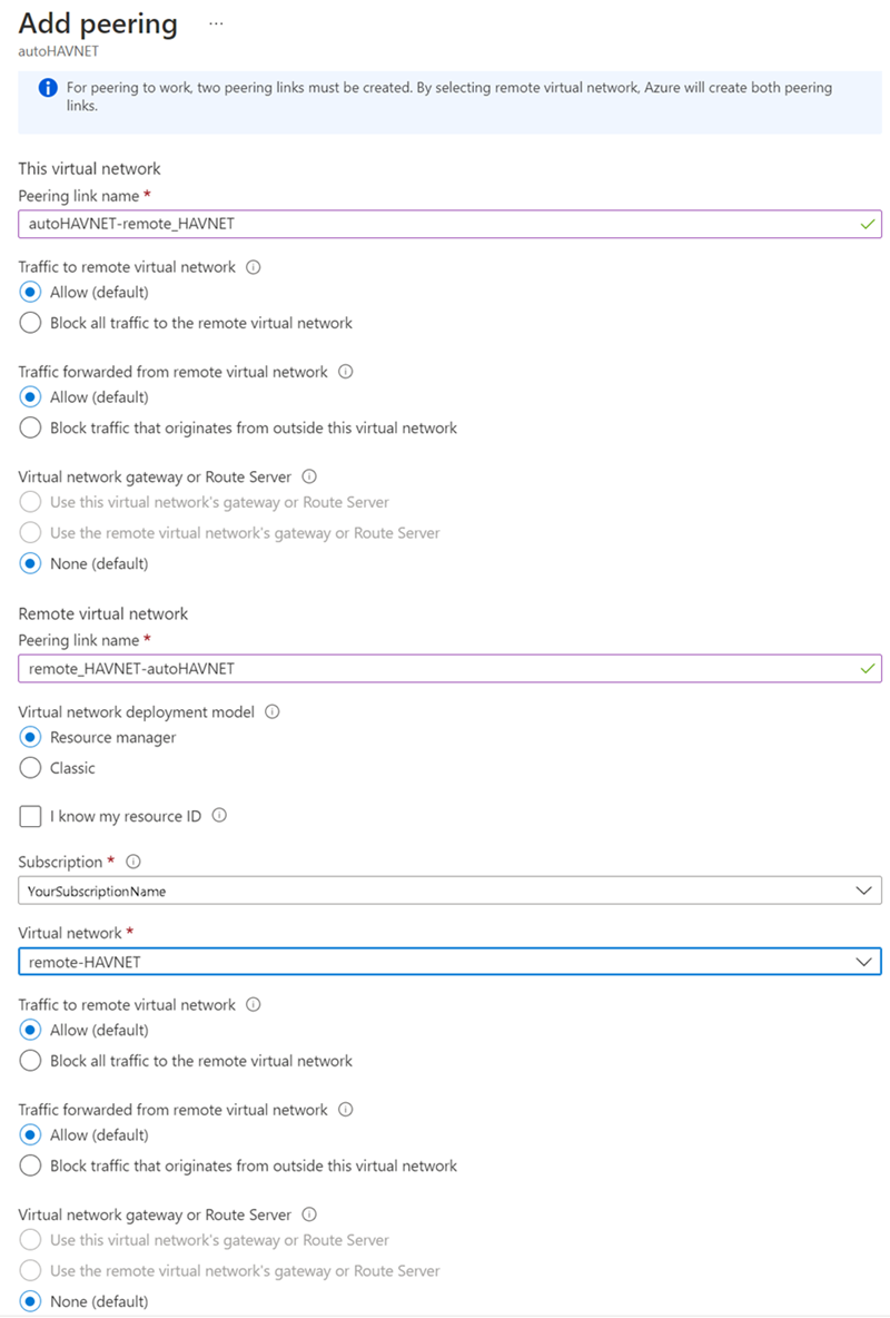 Screenshot of the Azure portal that shows peering settings.
