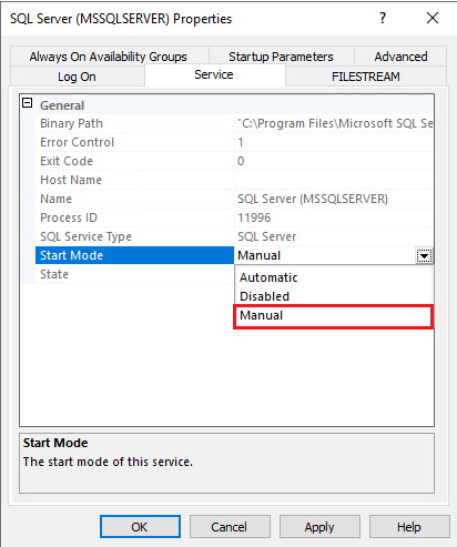 Screenshot of the SQL Server Configuration Manager, SQL Server service properties, showing where to change the start mode.