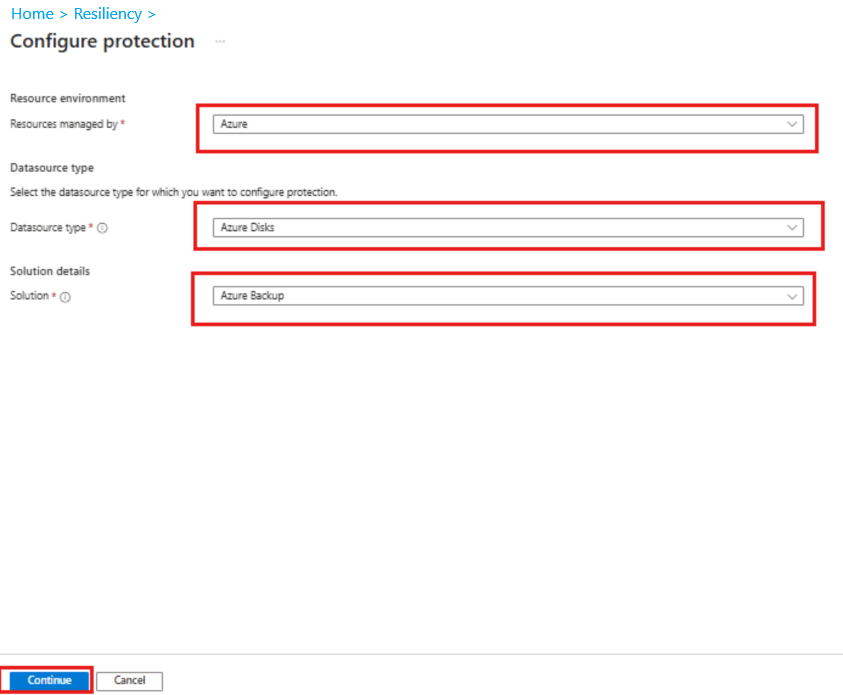 Screenshot shows how to select the datasource type as Azure Disks.