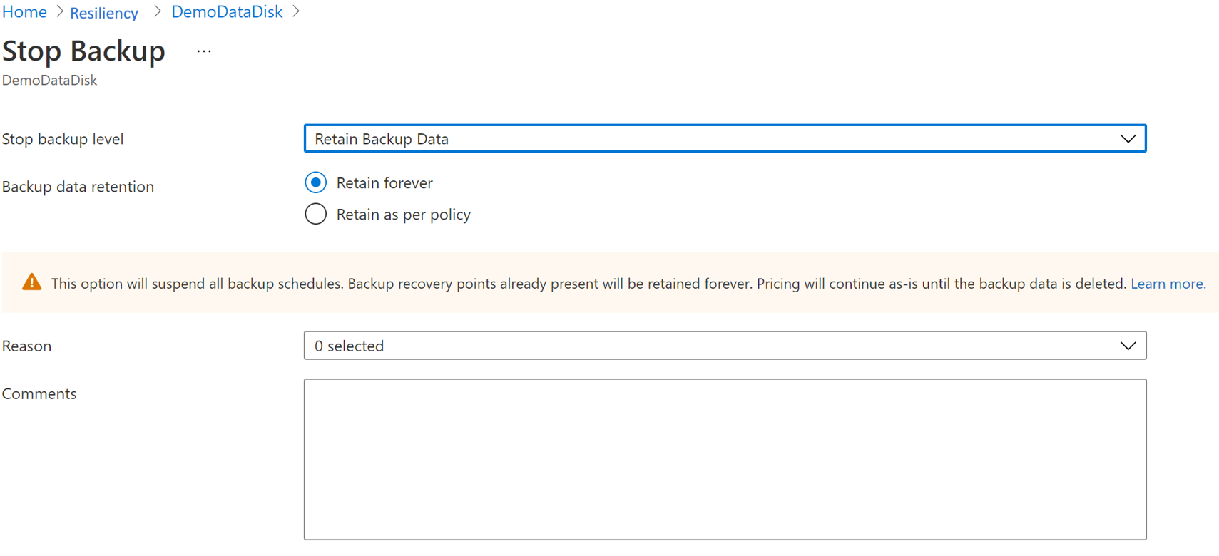 Screenshot showing the options to stop disk backup instance protection.