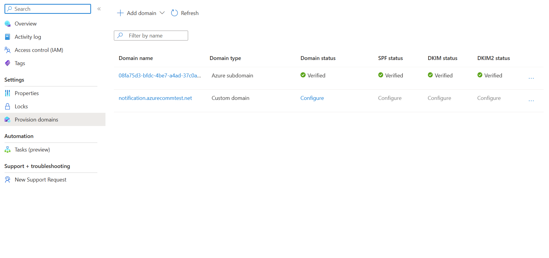 Screenshot that shows the added ___domain ready for verification in the list of provisioned domains.