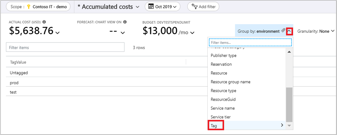 Screenshot that shows viewing costs for a specific tag.