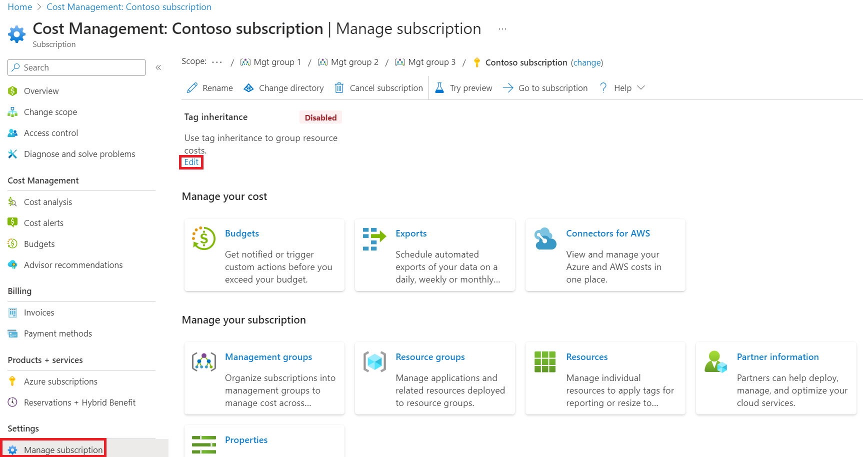 Screenshot showing the Edit option for Tag inheritance for a subscription.