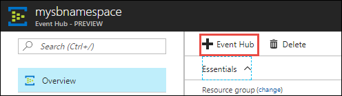 Create Event Hub Screenshot of the Overview pane with the Event Hub option called out.