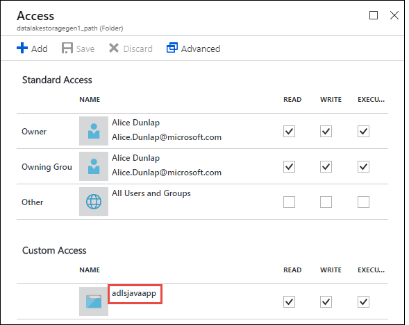 Assign permissions to group Screenshot of the Access blade with the newly added group called out in the Custom Access section.