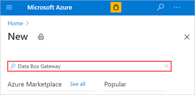Screenshot showing the ___location of the Search box for the Data Box Gateway service.