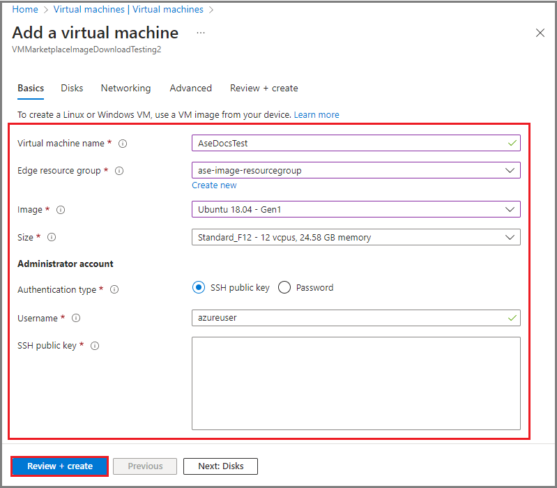 Screenshot showing the Basics tab on the Add Virtual machines page for an Azure Stack Edge device in Azure portal.