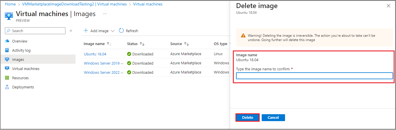 Screenshot showing a list view of VM images after a VM has been deleted on the Virtual machines page of an Azure Stack Edge device in Azure portal.