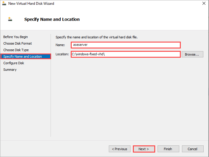 Enter the name and ___location for the VHD