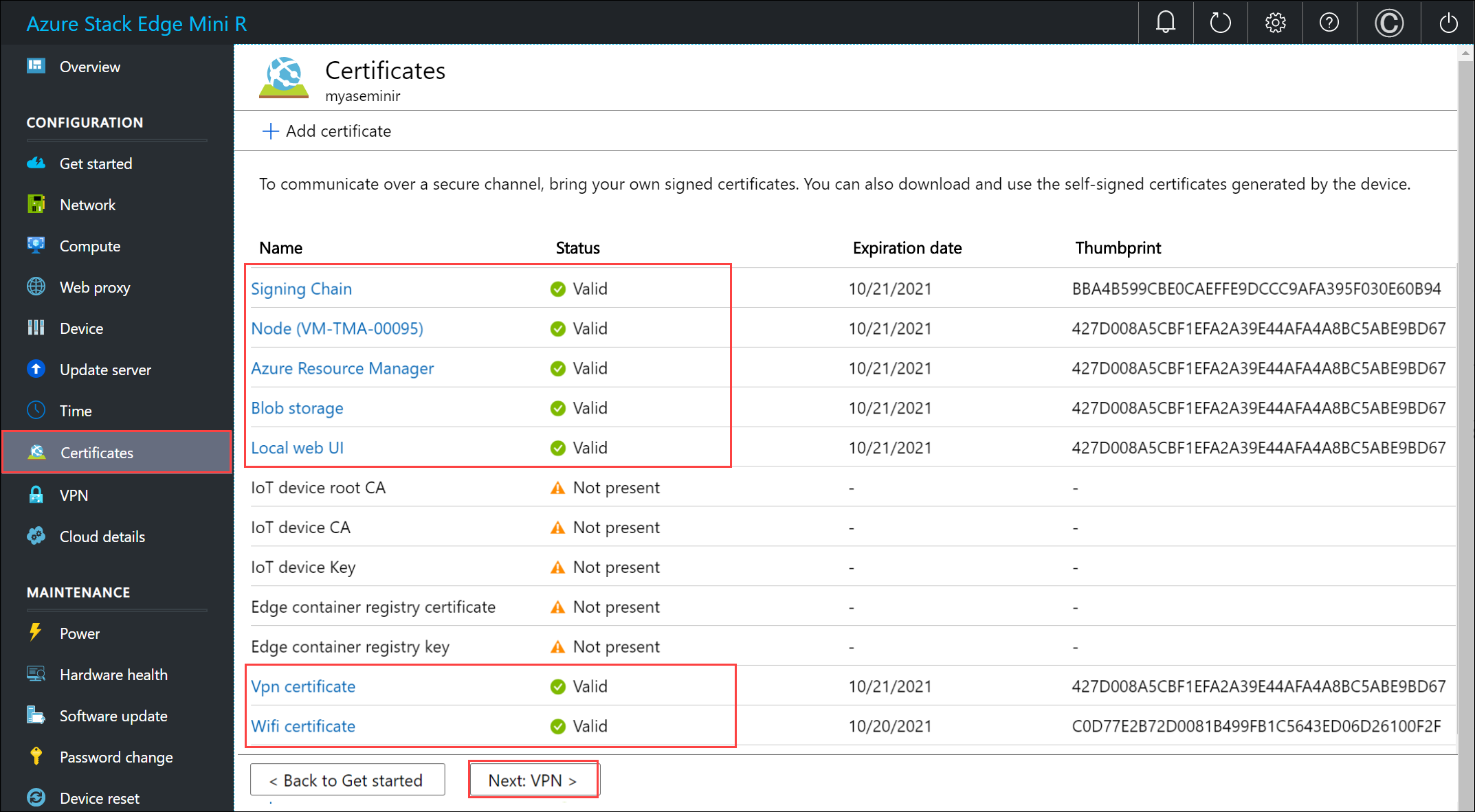 Local web UI "Certificates" page 10