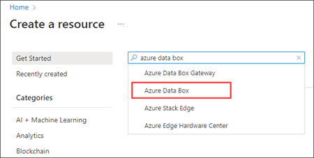 Screenshot highlighting the ___location of the Search box while searching for Data Box Disk