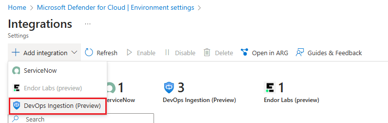 Screenshot of the Add integration menu with DevOps Ingestion (Preview) option highlighted.