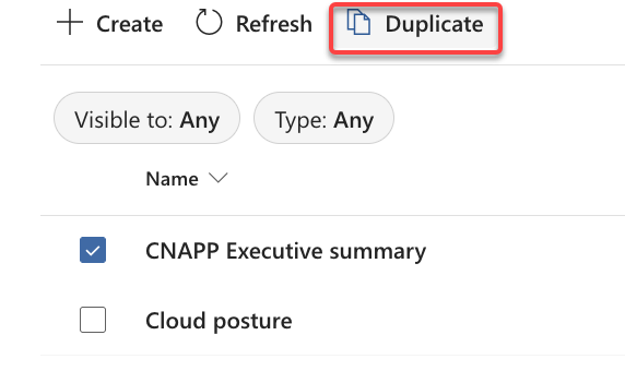 Screenshot of a report selection page with CNAPP Executive summary checked, Cloud posture unchecked, and Duplicate button visible.